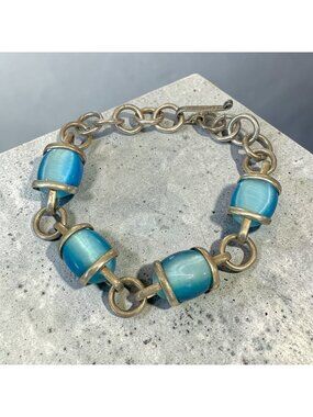 Blue Cats Eye Glass Bracelet Beads & Silver-Tone Chain 8 Inches Elegant Statemen